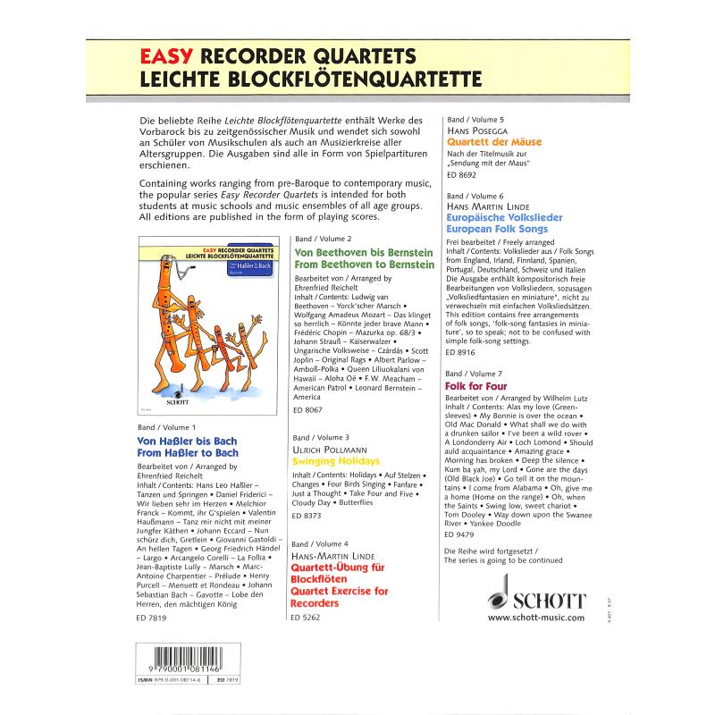 Leichte Blockflötenquartette von Hassler bis Bach